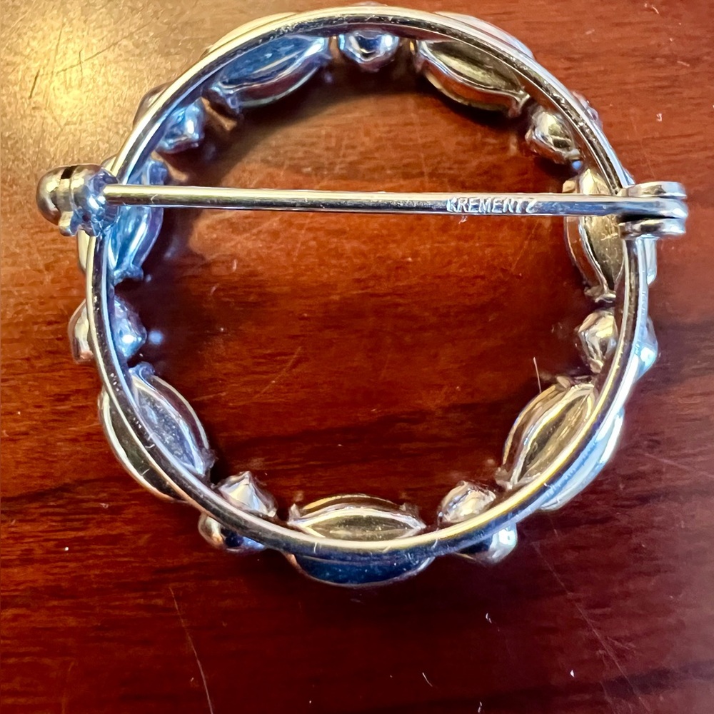 Vintage Krementz Silver Tone Blue and Clear Rhinestone Circle Brooch - Picture 2 of 3